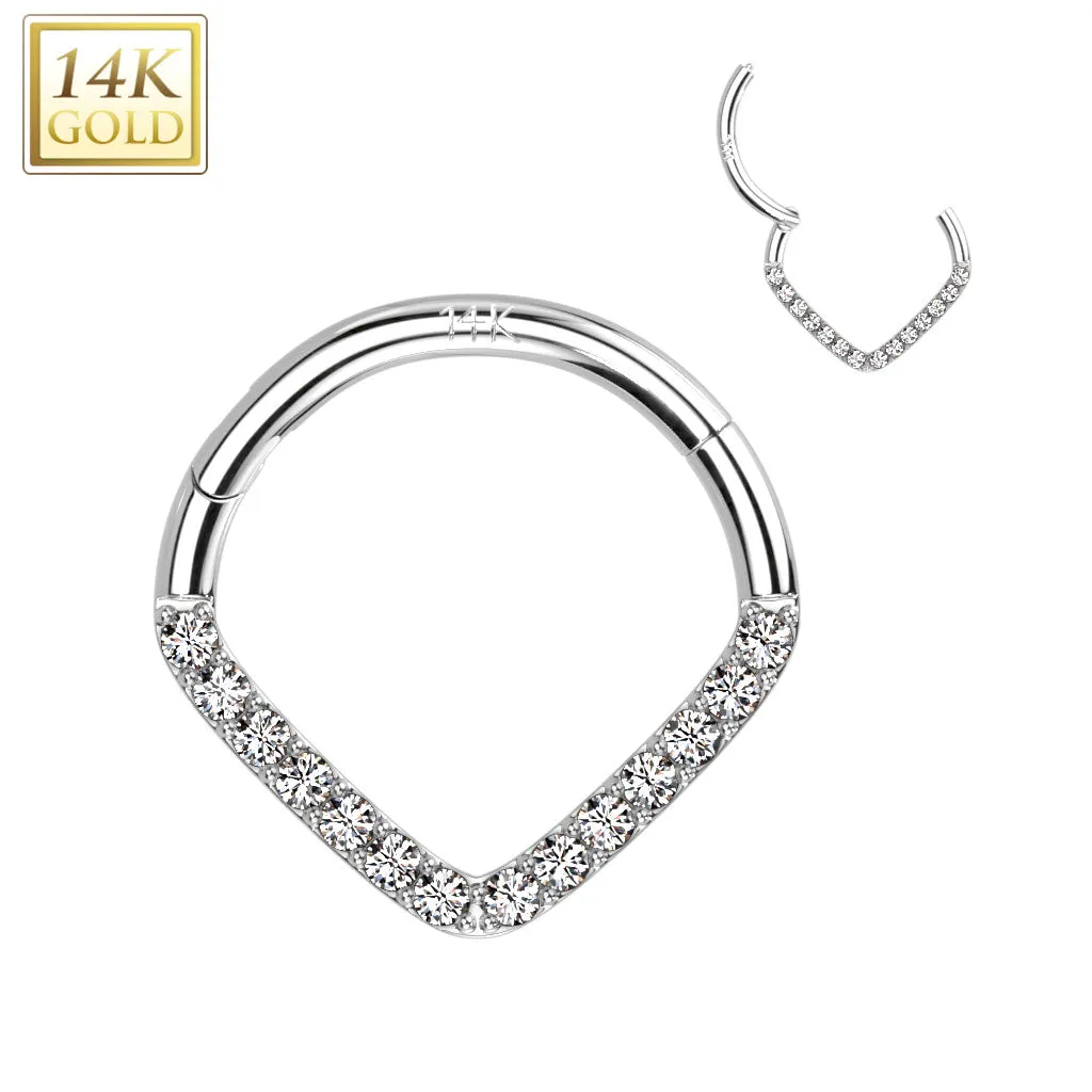 14K Solid Gold Paved Chevron Hinged Hoop Ring Nose Septum Daith