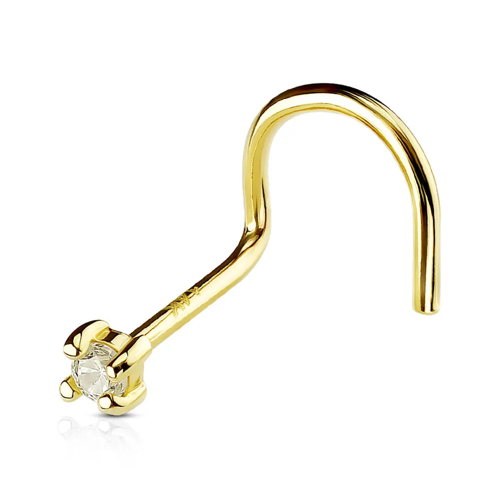 14K Solid Gold Prong Set 2mm CZ Top Nose Screw Ring