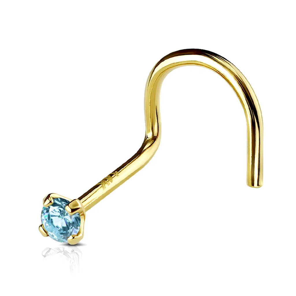 14K Solid Gold Prong Set 2mm CZ Top Nose Screw Ring