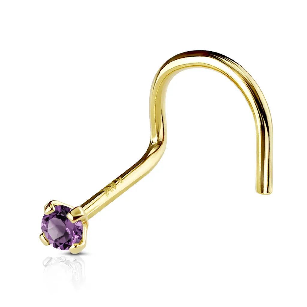 14K Solid Gold Prong Set 2mm CZ Top Nose Screw Ring