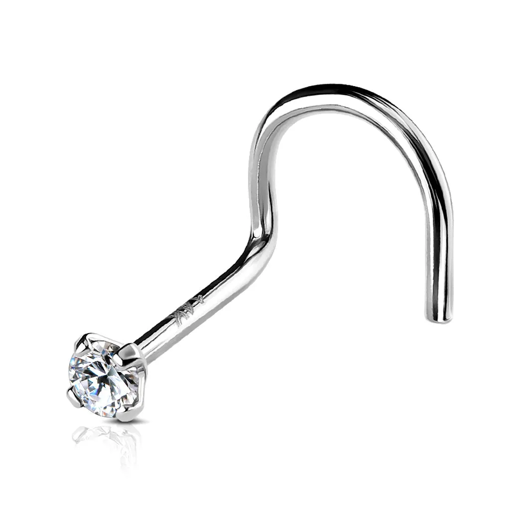 14K Solid Gold Prong Set 3mm CZ Top Nose Screw Ring