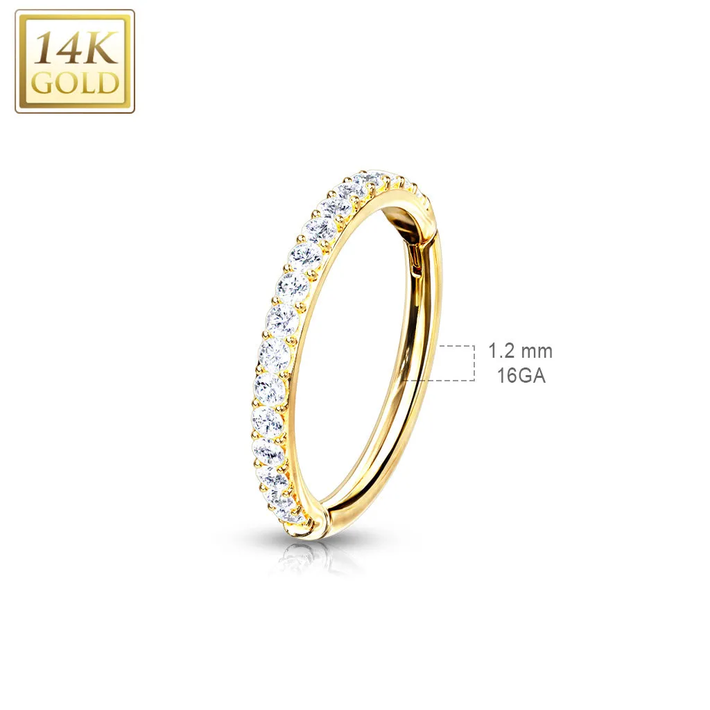 14K Solid Gold Side CZ Hinged Hoop Ring Nose Septum Daith