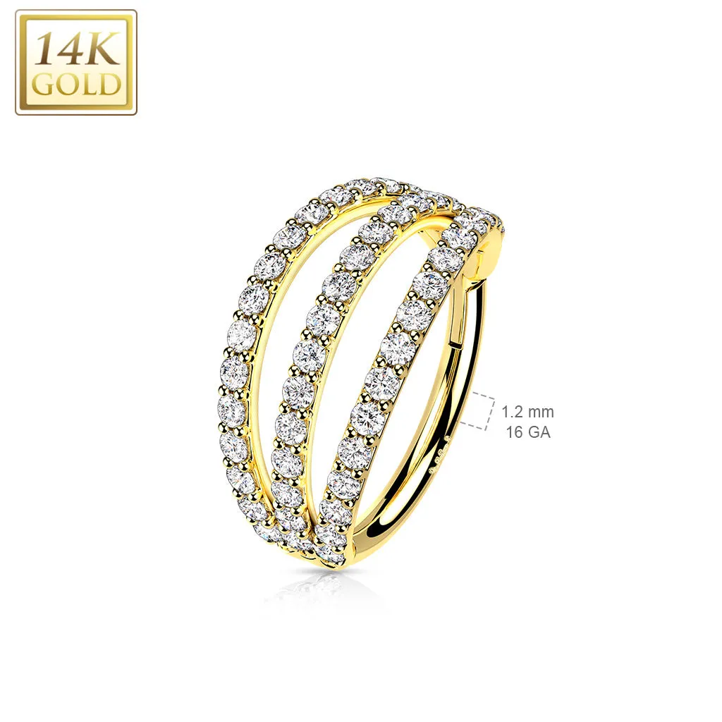 14K Solid Gold Triple CZ Segment Hoop Ring Nose Septum Daith