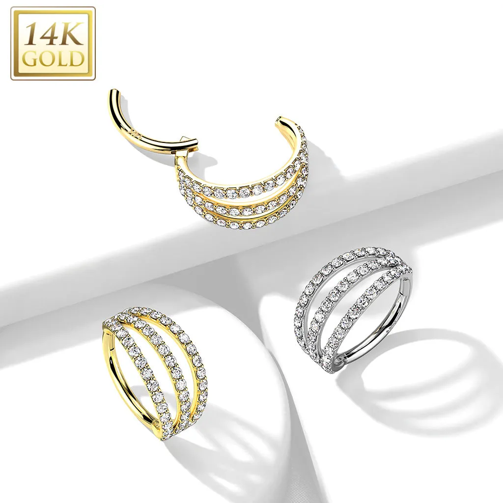 14K Solid Gold Triple CZ Segment Hoop Ring Nose Septum Daith