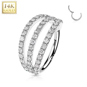 14K Solid Gold Triple CZ Segment Hoop Ring Nose Septum Daith