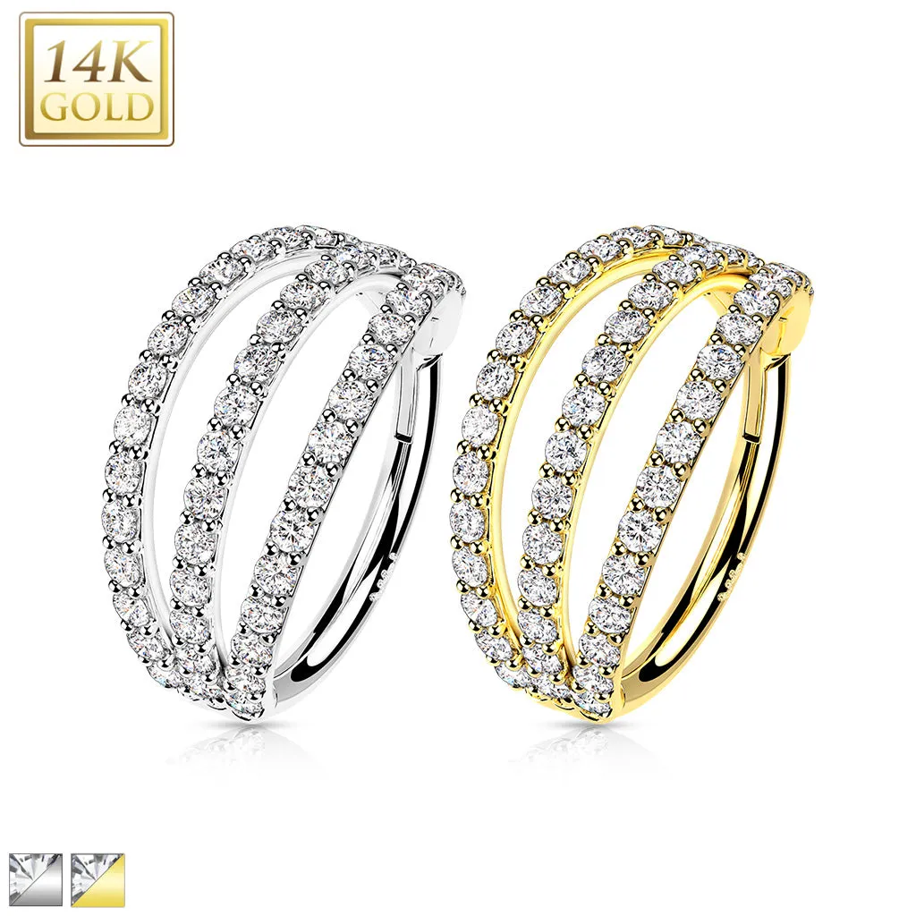 14K Solid Gold Triple CZ Segment Hoop Ring Nose Septum Daith