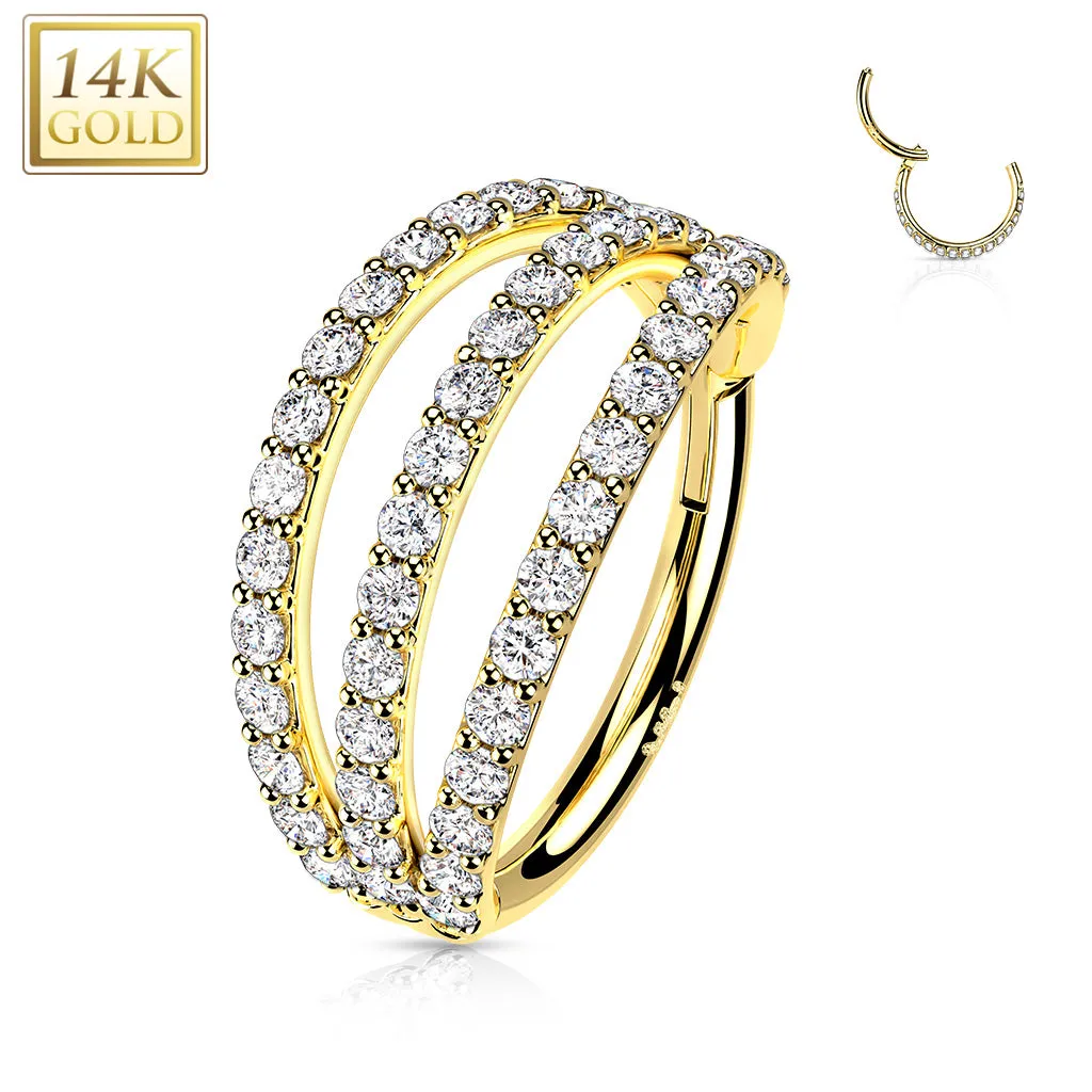 14K Solid Gold Triple CZ Segment Hoop Ring Nose Septum Daith