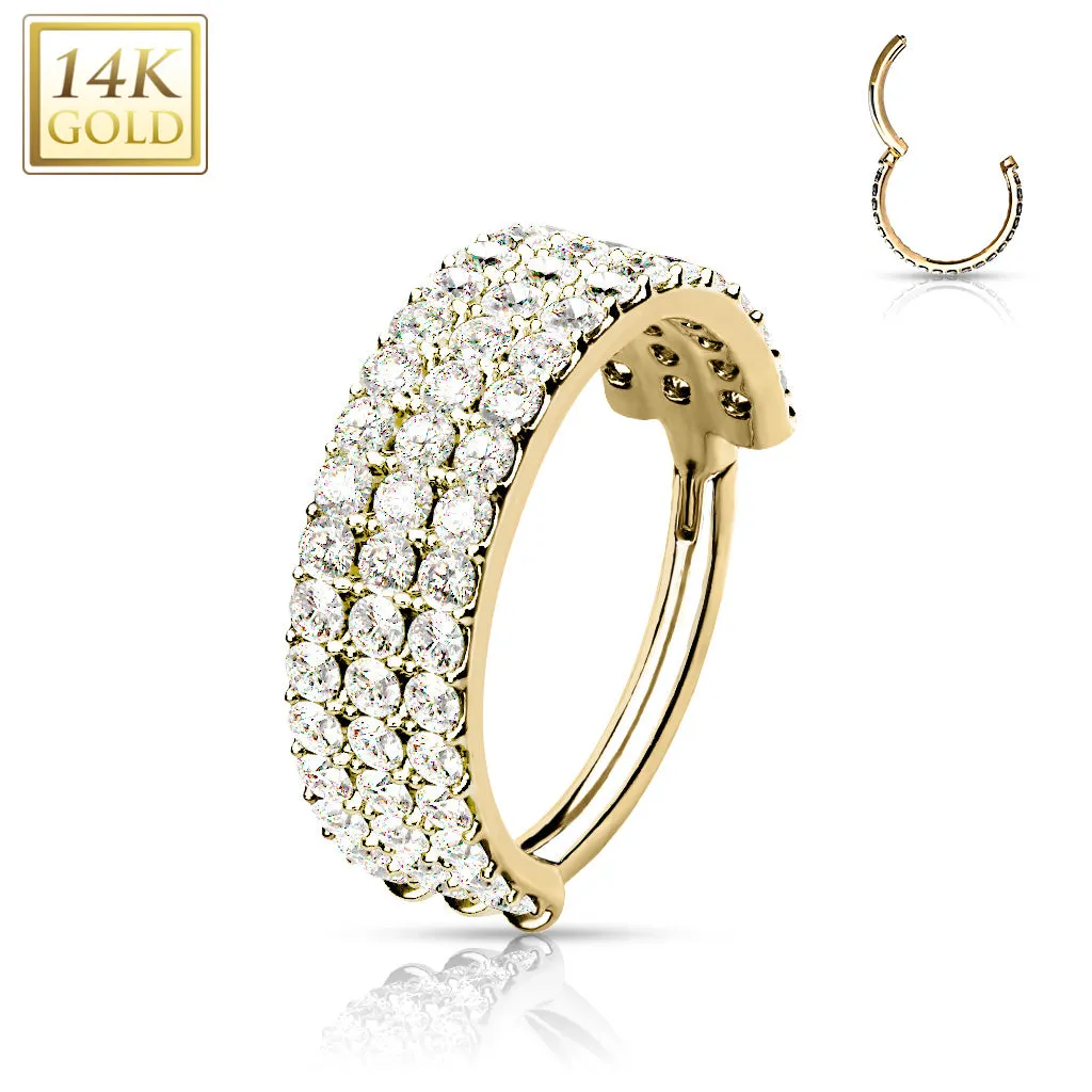 14K Solid Gold Triple Line Hinged Segment Hoop Ring Nose Septum Daith