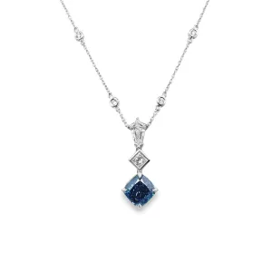 14K White Gold Cushion Cut Blue Diamond Drop Pendant (4.76ctw)