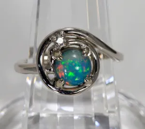 14K White Gold Round Cabochon Opal Ring