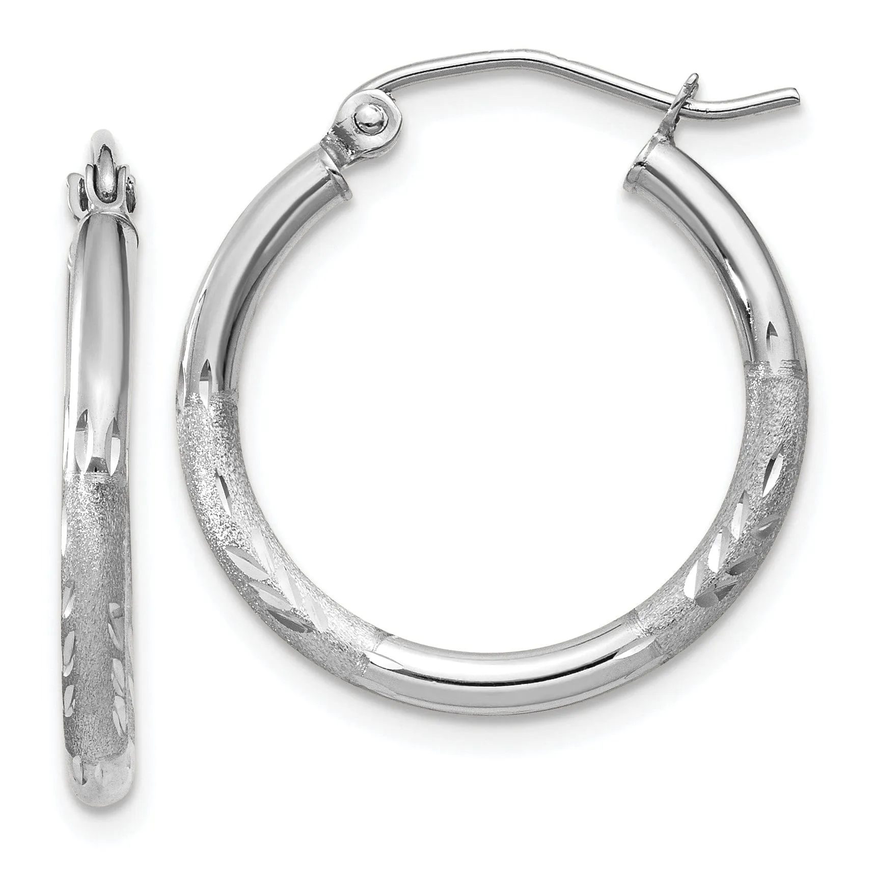 14k White Gold Satin Diamond Cut 2MM Round Hoop