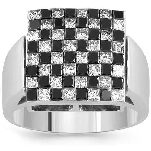 14K White Solid Gold Mens Ring With Black And White Princess Cut Diamond Ring 2.79 Ctw