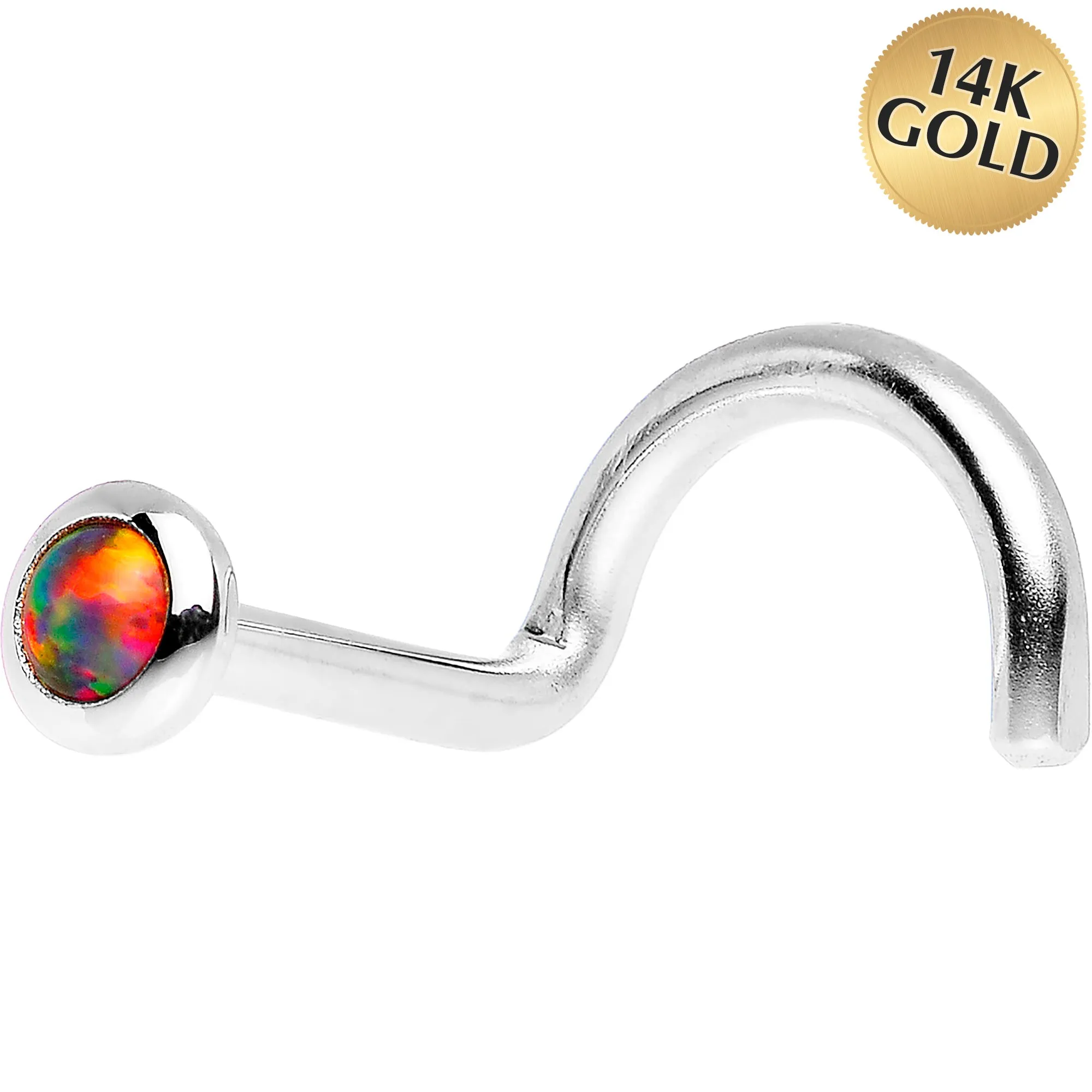 14kt White Gold 2mm Fire Red Synthetic Opal Nose Ring