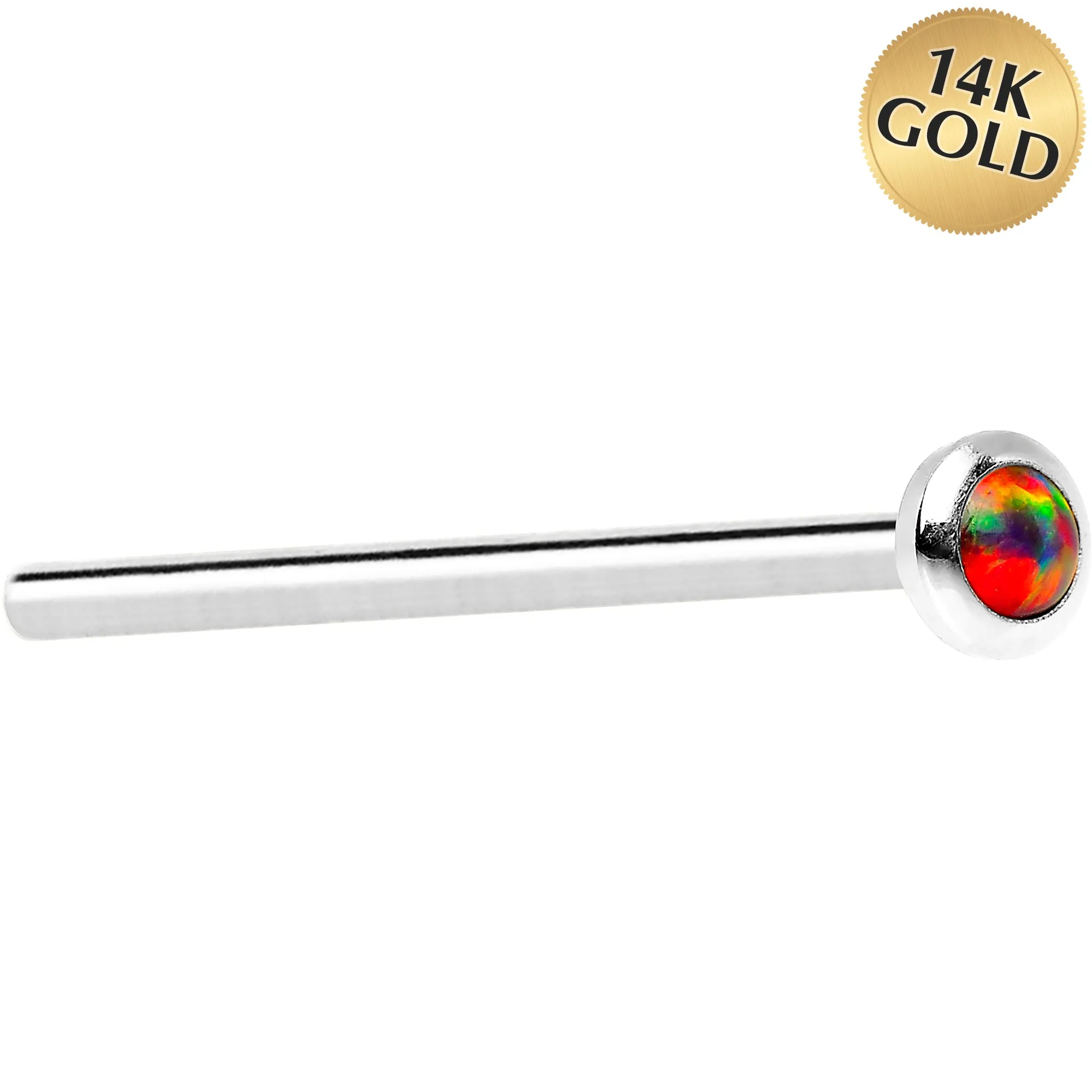 14kt White Gold 2mm Fire Red Synthetic Opal Nose Ring
