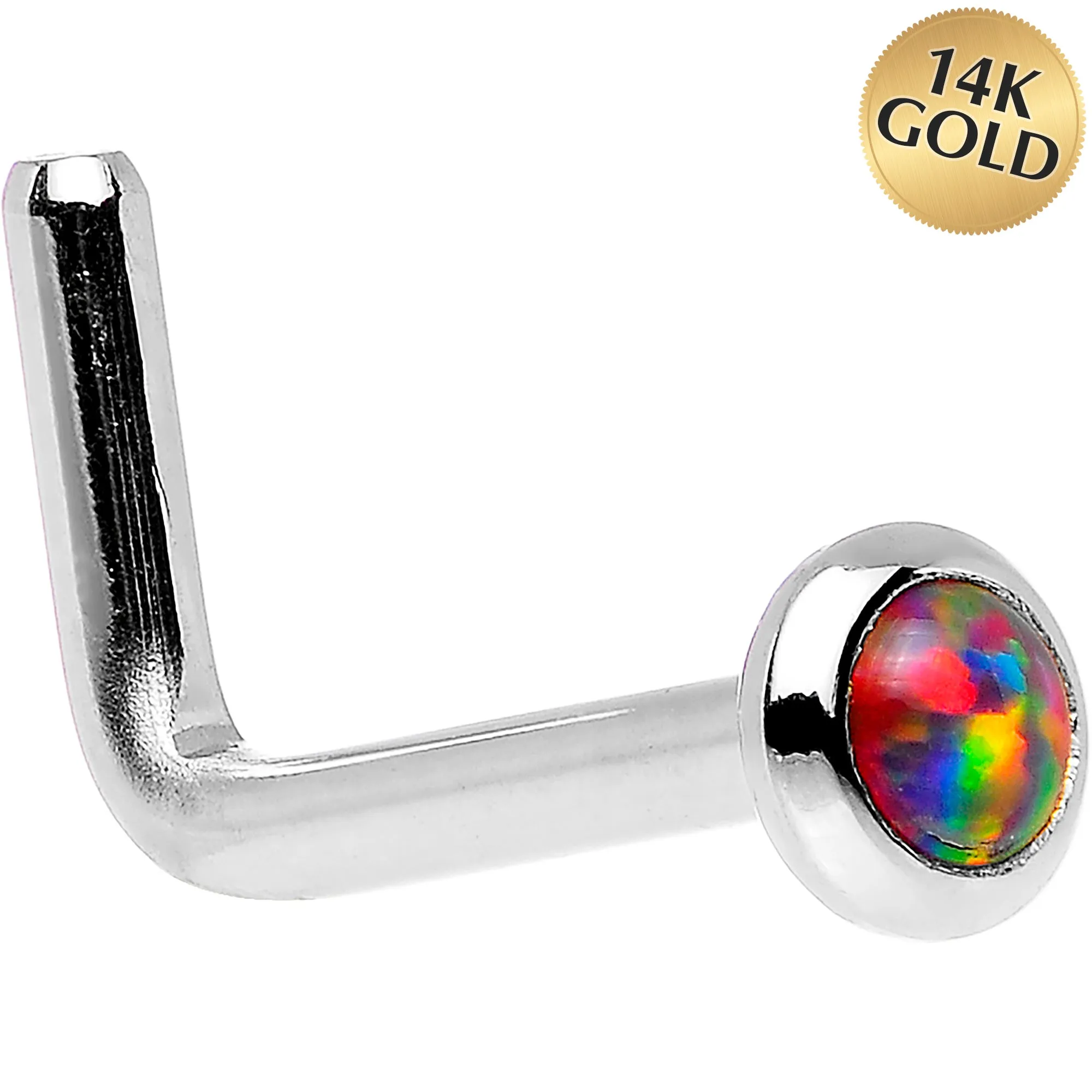 14kt White Gold 2mm Fire Red Synthetic Opal Nose Ring