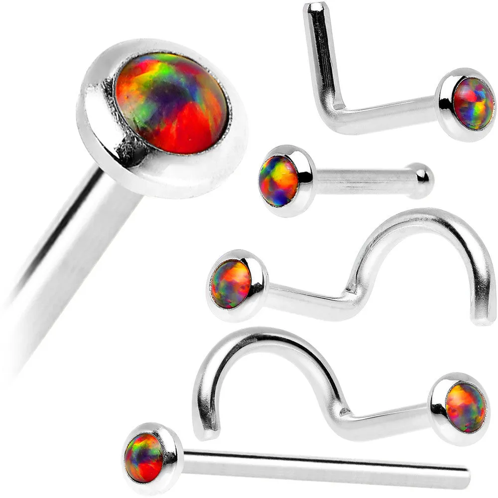 14kt White Gold 2mm Fire Red Synthetic Opal Nose Ring