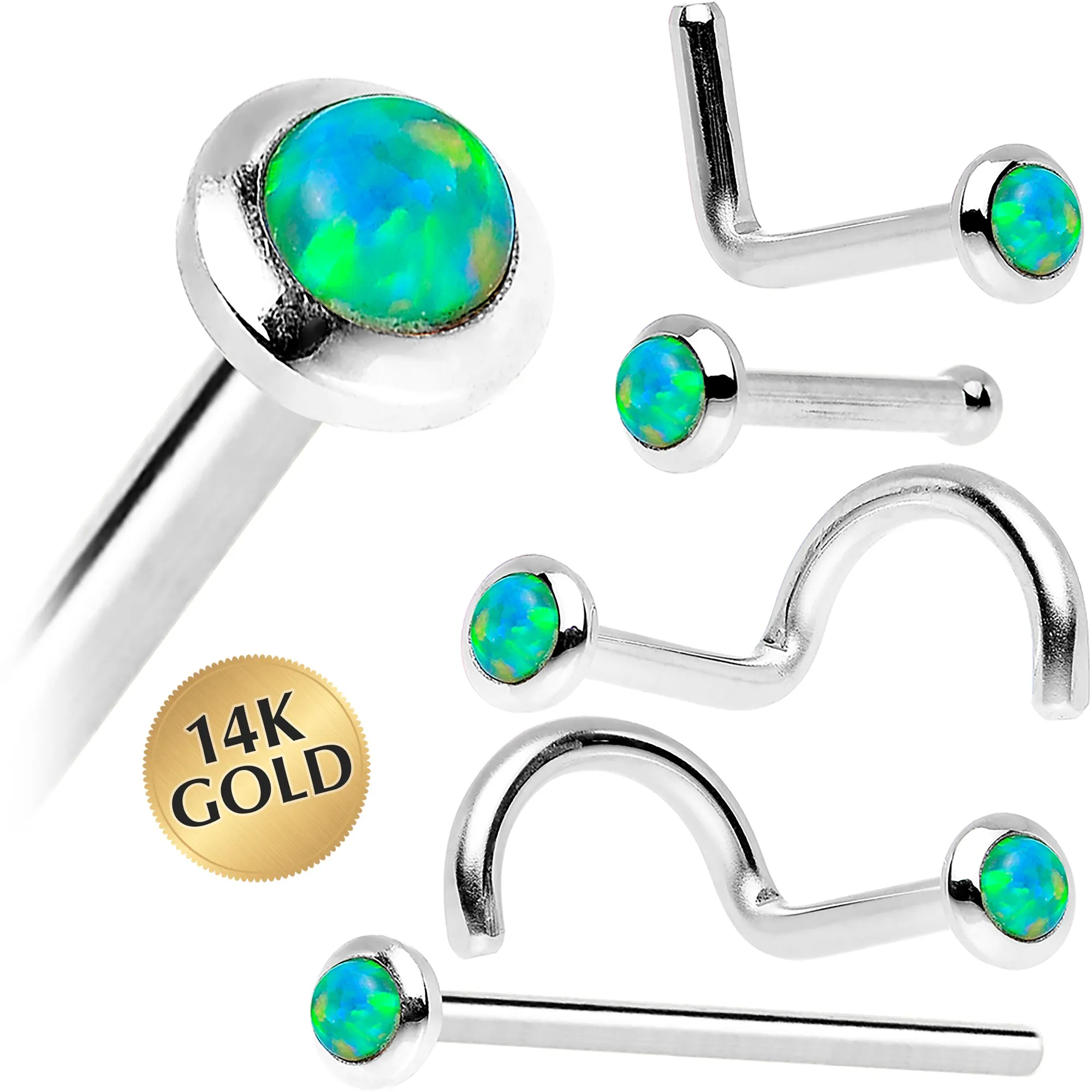 14kt White Gold 2mm Lime Synthetic Opal Nose Ring