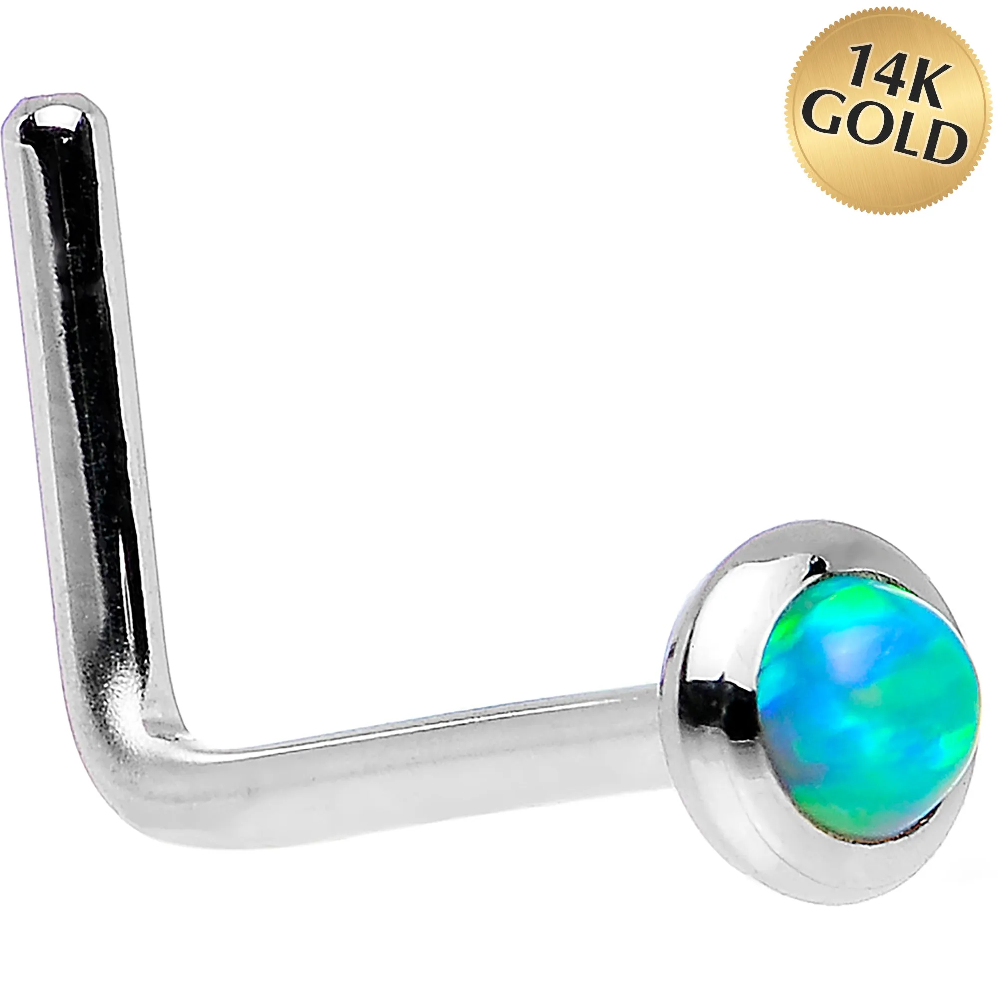 14kt White Gold 2mm Lime Synthetic Opal Nose Ring