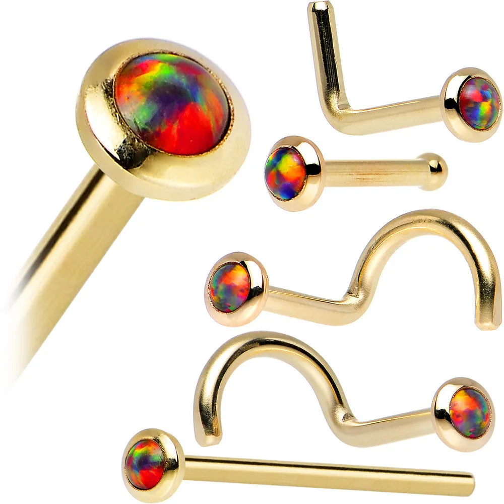 14kt Yellow Gold 2mm Fire Red Synthetic Opal Nose Ring