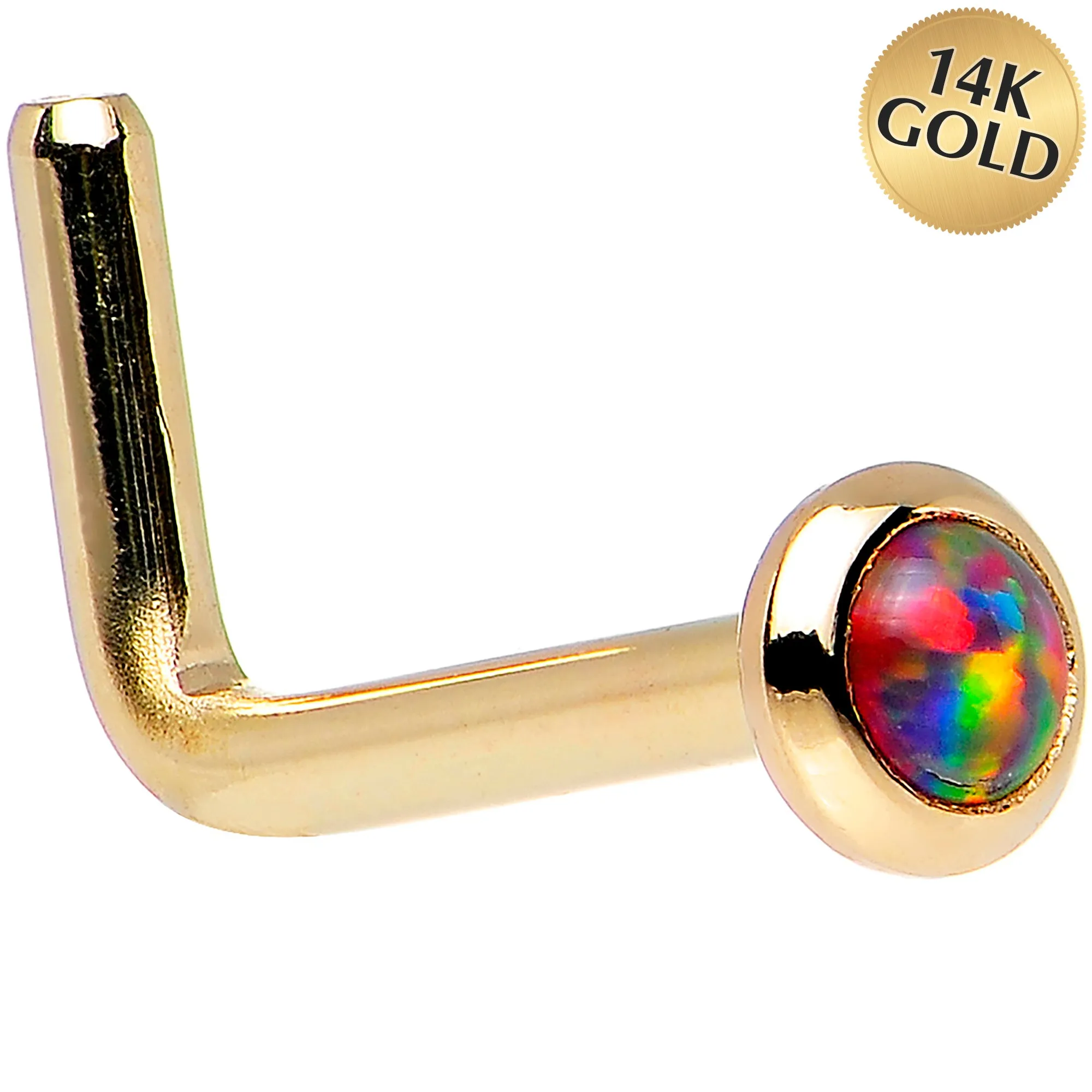 14kt Yellow Gold 2mm Fire Red Synthetic Opal Nose Ring