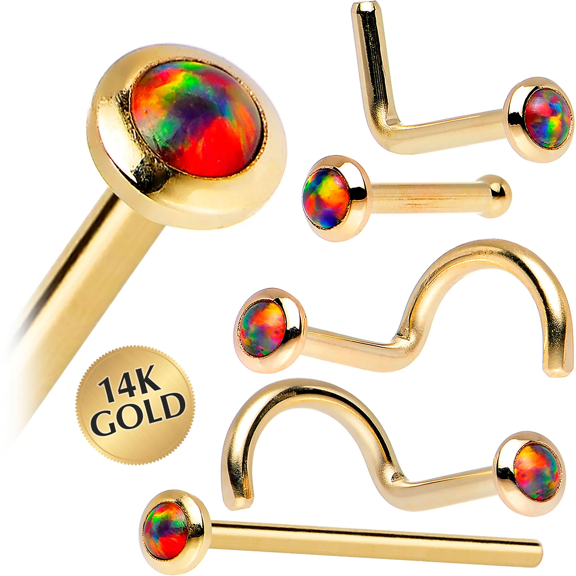 14kt Yellow Gold 2mm Fire Red Synthetic Opal Nose Ring