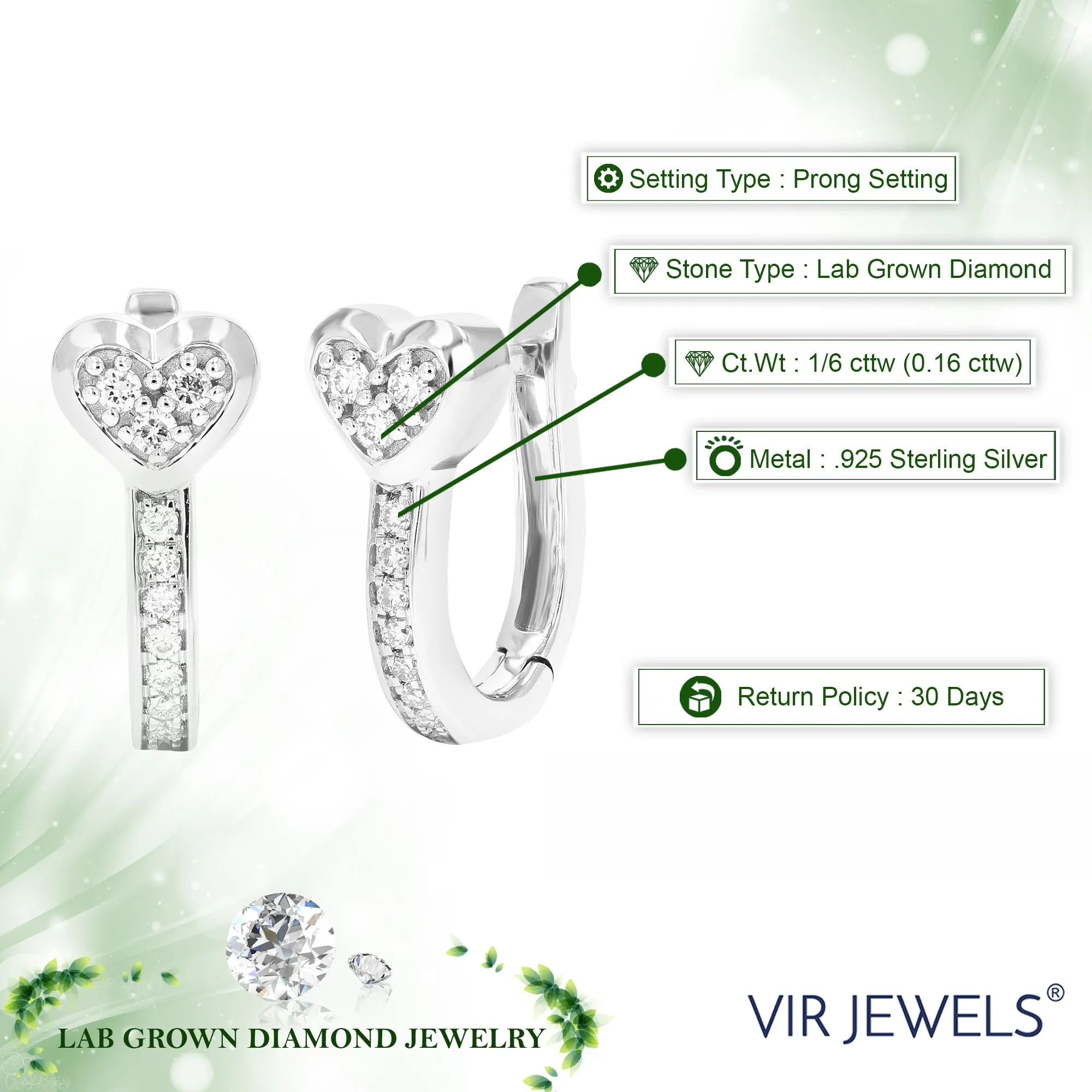 1/6 cttw Lab Grown Diamond Heart Hoop Earrings in Sterling Silver