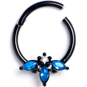 16 Gauge 3/8 Blue Clear Gem Black Goth Flower Hinged Segment Ring