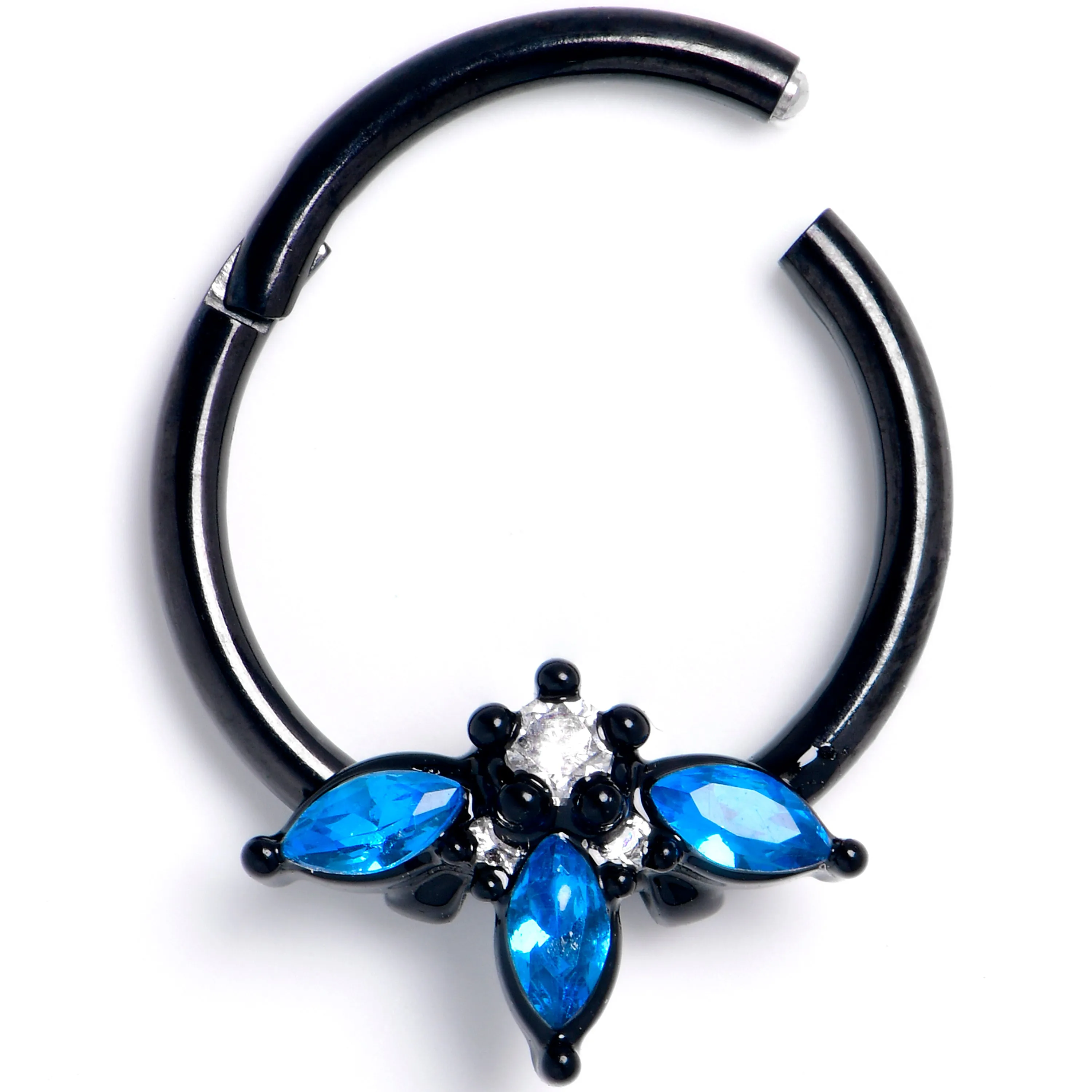 16 Gauge 3/8 Blue Clear Gem Black Goth Flower Hinged Segment Ring