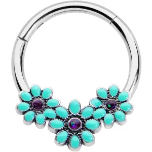 16 Gauge 3/8 Blue Gem Flower Trio Teal Petals Hinged Segment Ring