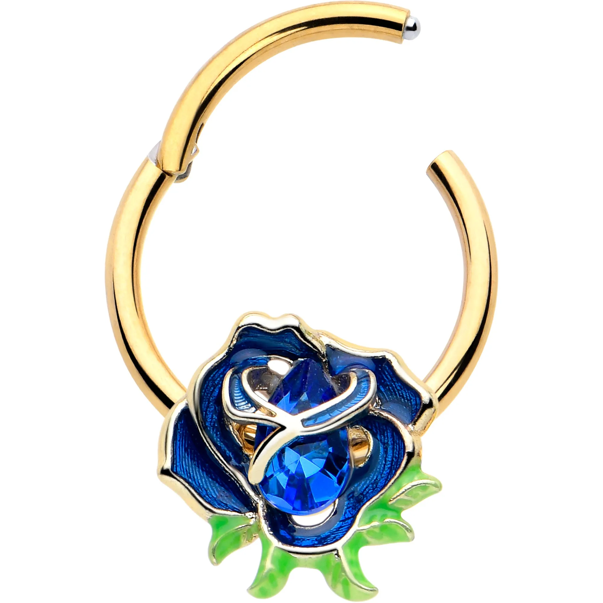 16 Gauge 3/8 Blue Gem Gold Tone Deep Blue Flower Hinged Segment Ring
