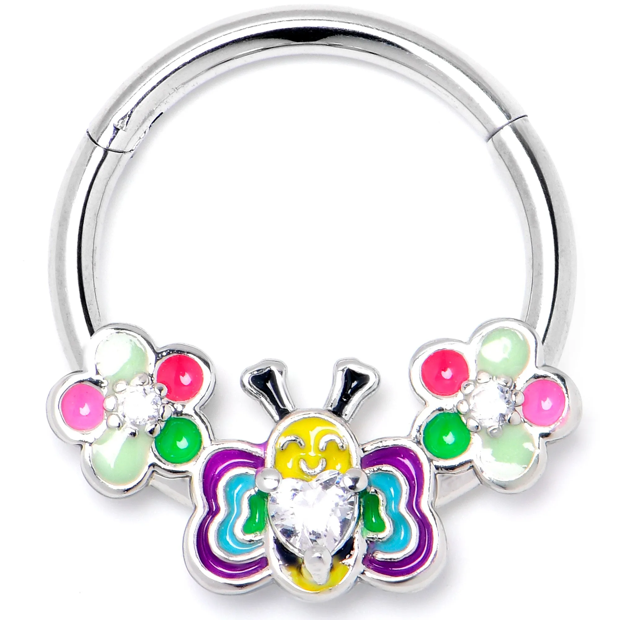 16 Gauge 3/8 Clear CZ Gem Butterfly Love Bug Hinged Segment Ring