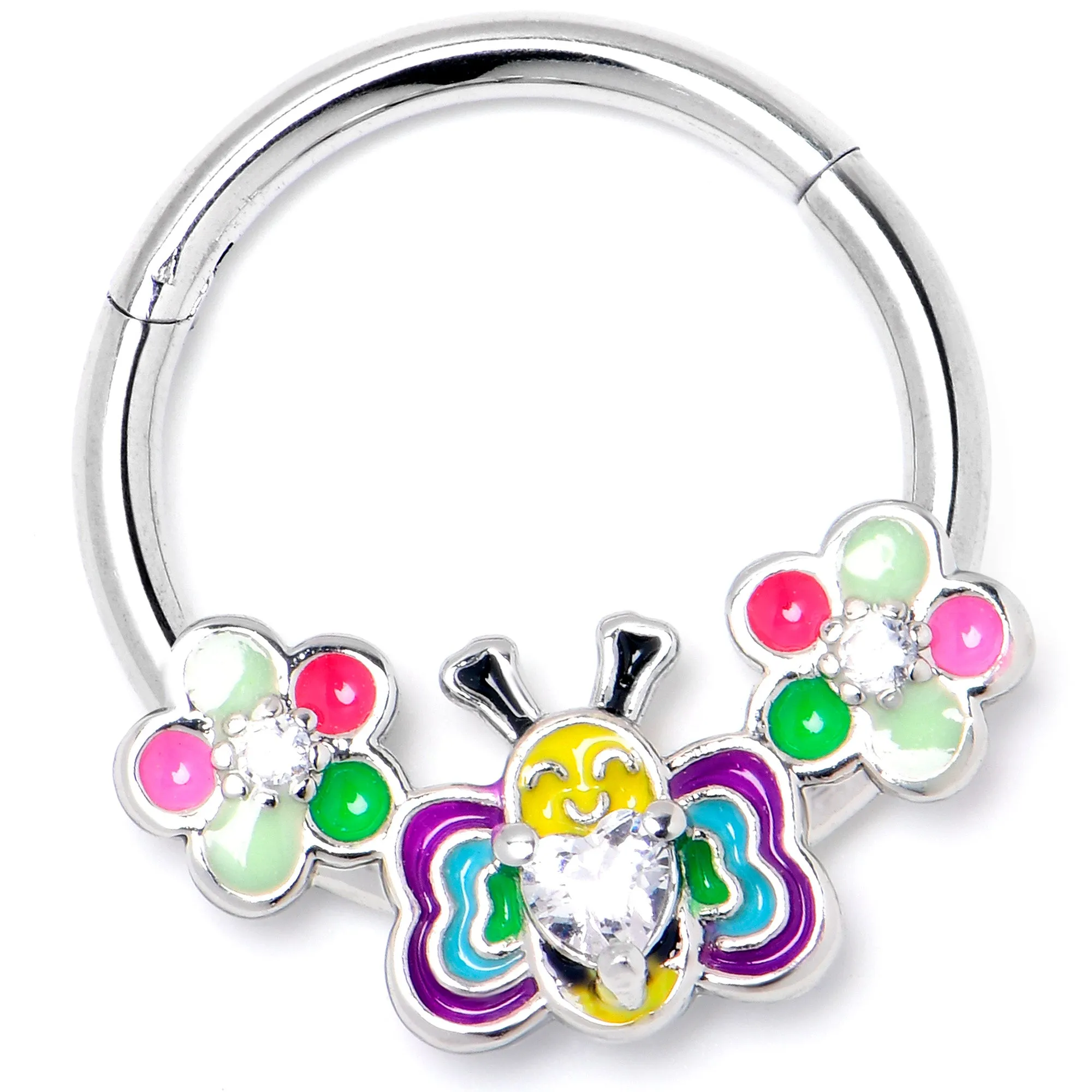 16 Gauge 3/8 Clear CZ Gem Butterfly Love Bug Hinged Segment Ring