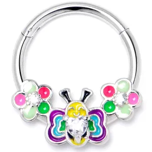 16 Gauge 3/8 Clear CZ Gem Butterfly Love Bug Hinged Segment Ring