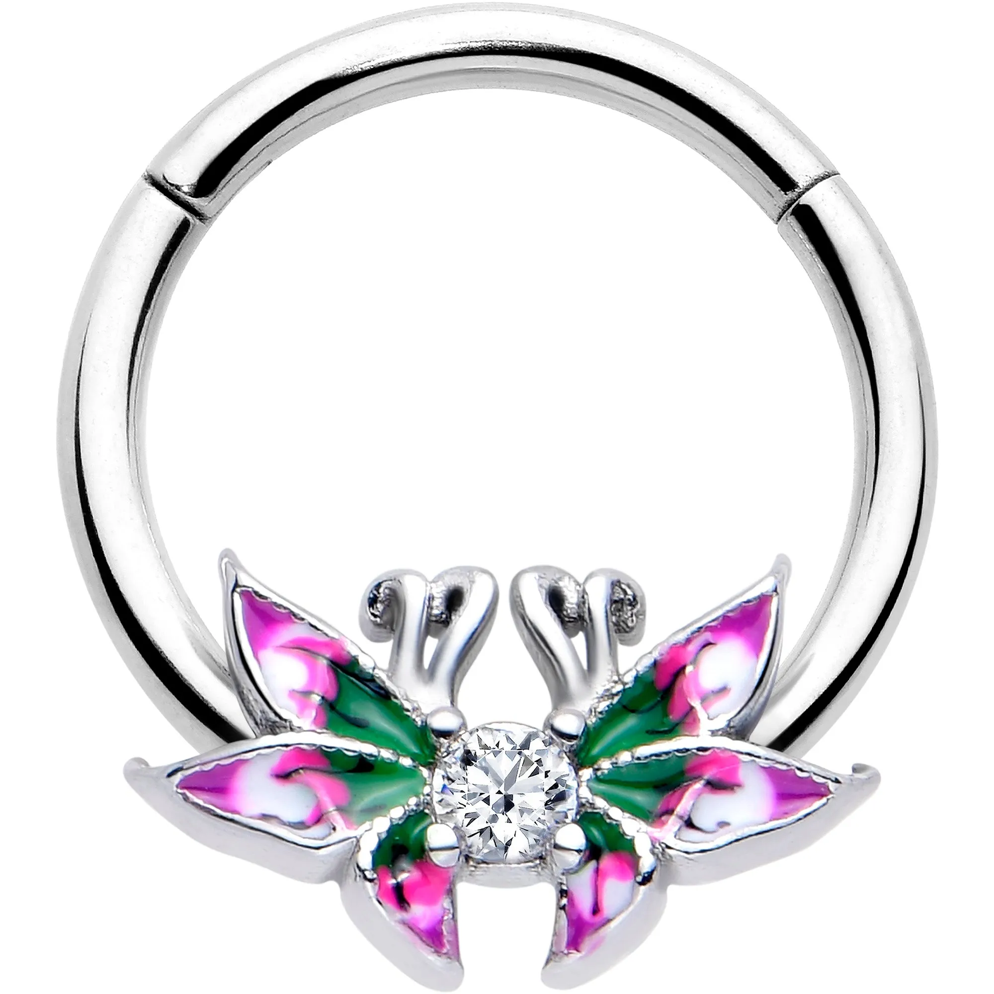 16 Gauge 3/8 Clear CZ Gem Profile Butterflies Hinged Segment Ring