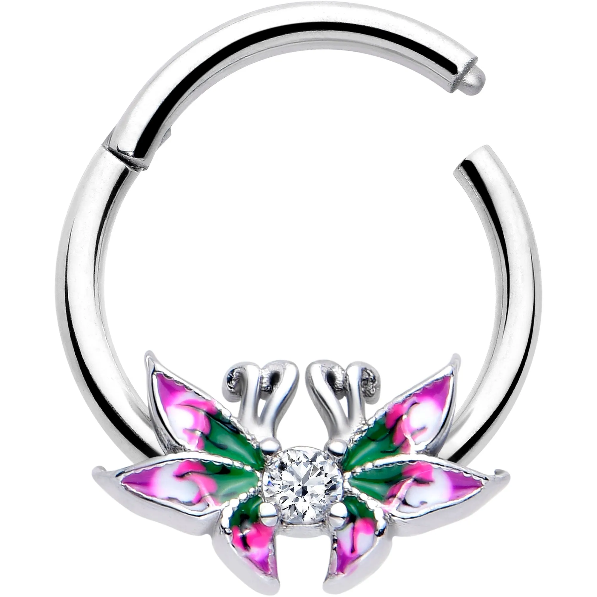 16 Gauge 3/8 Clear CZ Gem Profile Butterflies Hinged Segment Ring
