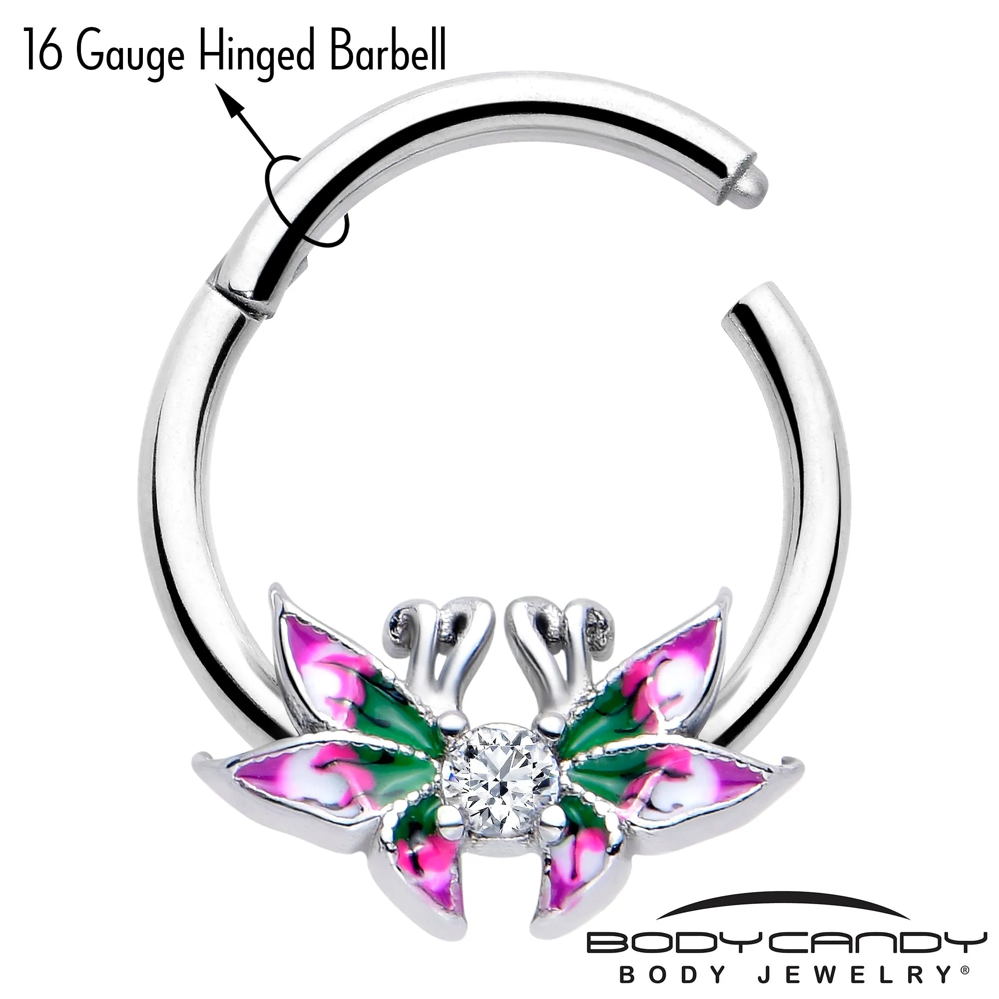 16 Gauge 3/8 Clear CZ Gem Profile Butterflies Hinged Segment Ring