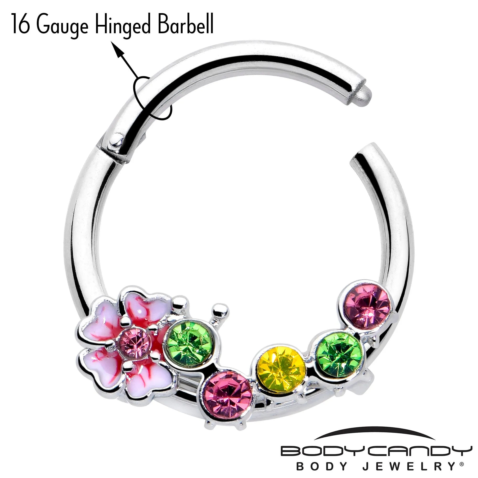 16 Gauge 3/8 Green Pink CZ Gem Caterpillar Flower Hinged Segment Ring