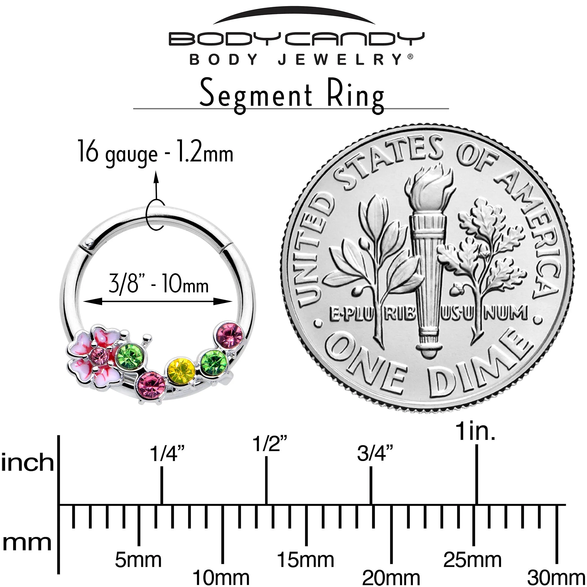 16 Gauge 3/8 Green Pink CZ Gem Caterpillar Flower Hinged Segment Ring