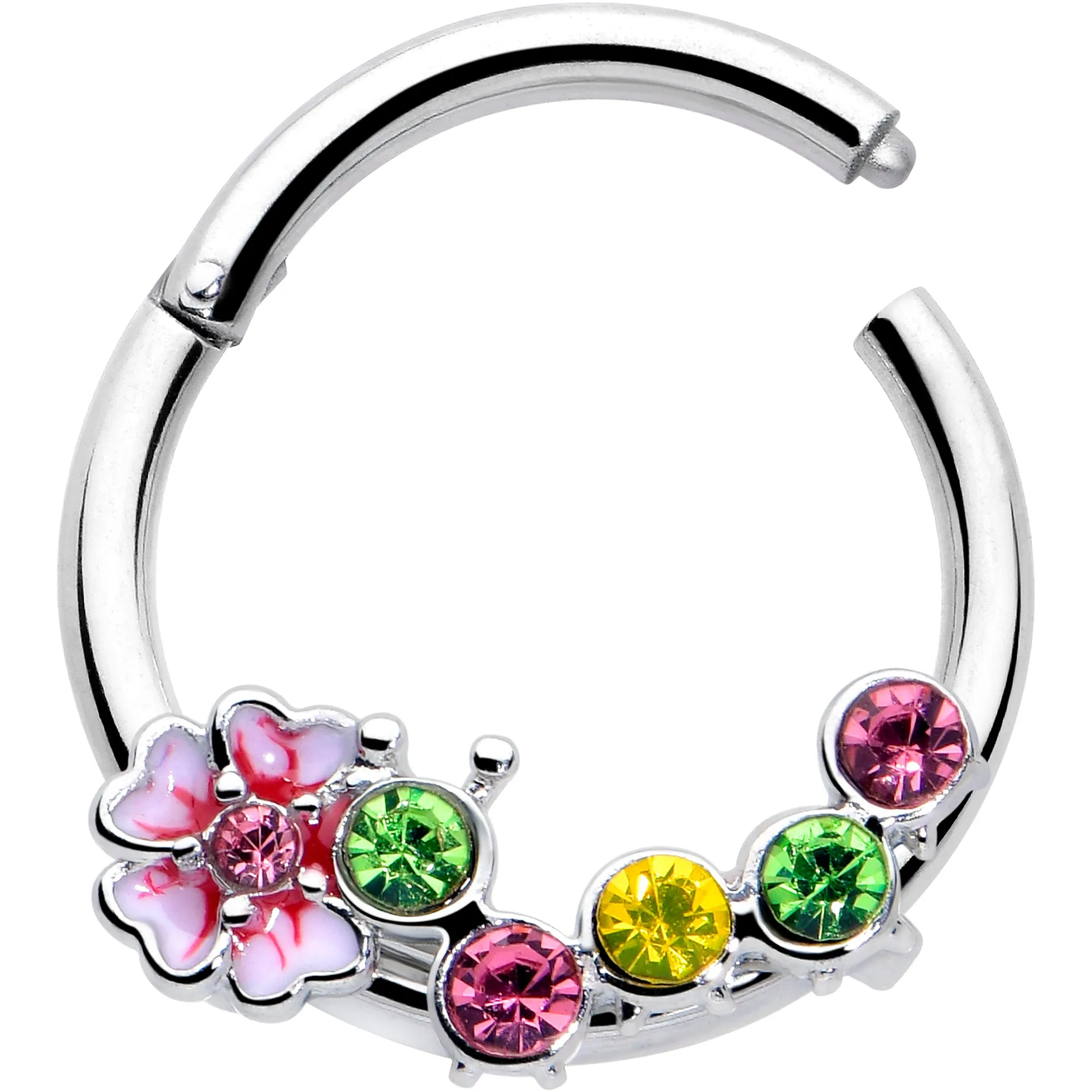 16 Gauge 3/8 Green Pink CZ Gem Caterpillar Flower Hinged Segment Ring