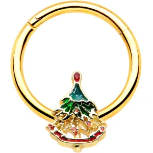 16 Gauge 3/8 Red Gem Gold Tone Deco Holiday Tree Hinged Segment Ring