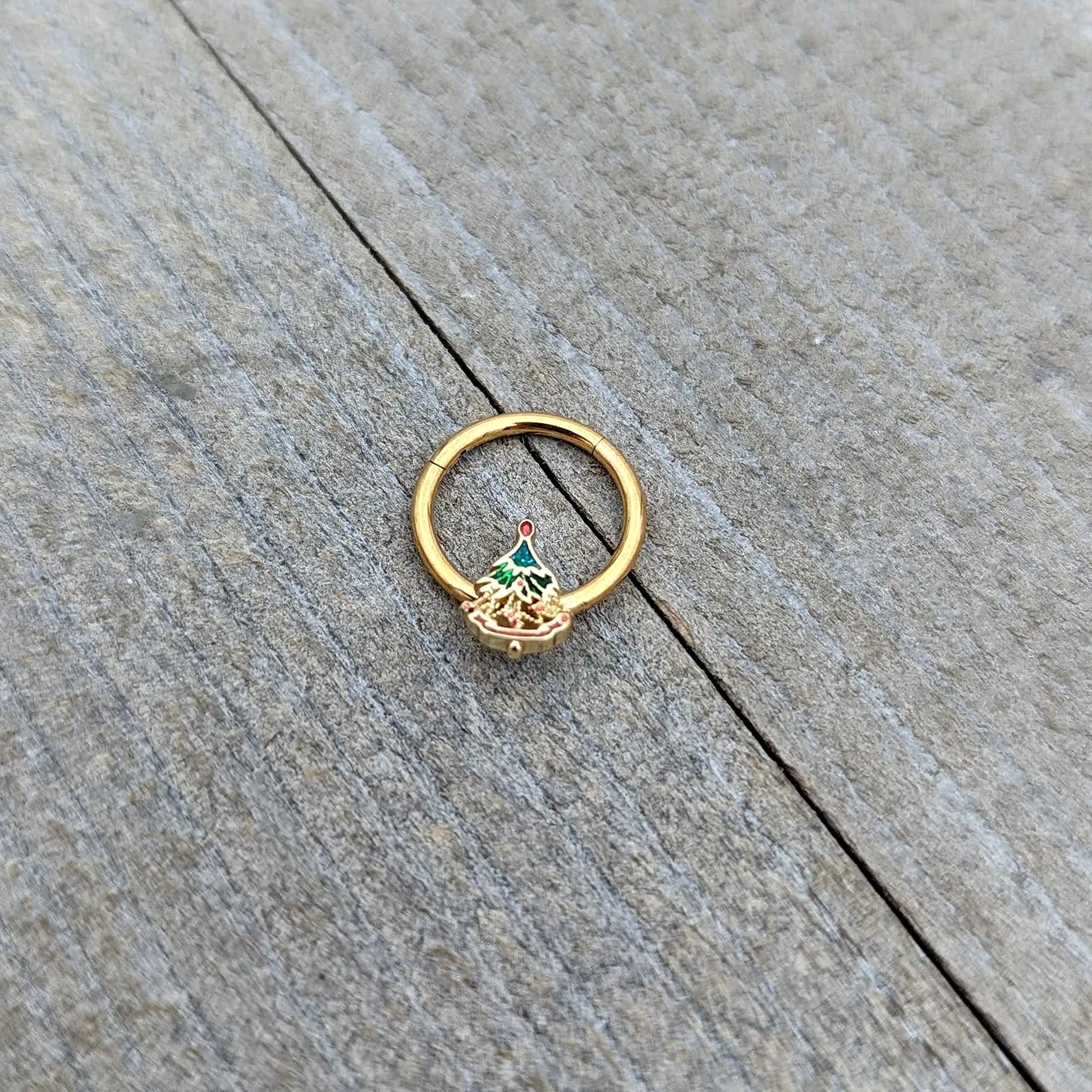 16 Gauge 3/8 Red Gem Gold Tone Deco Holiday Tree Hinged Segment Ring