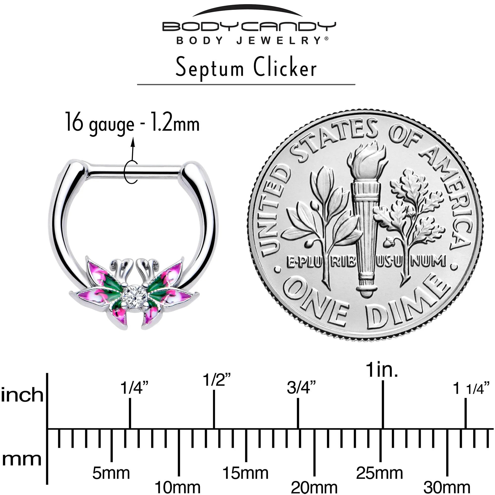 16 Gauge 5/16 Clear CZ Gem Profile Butterflies Cartilage Clicker