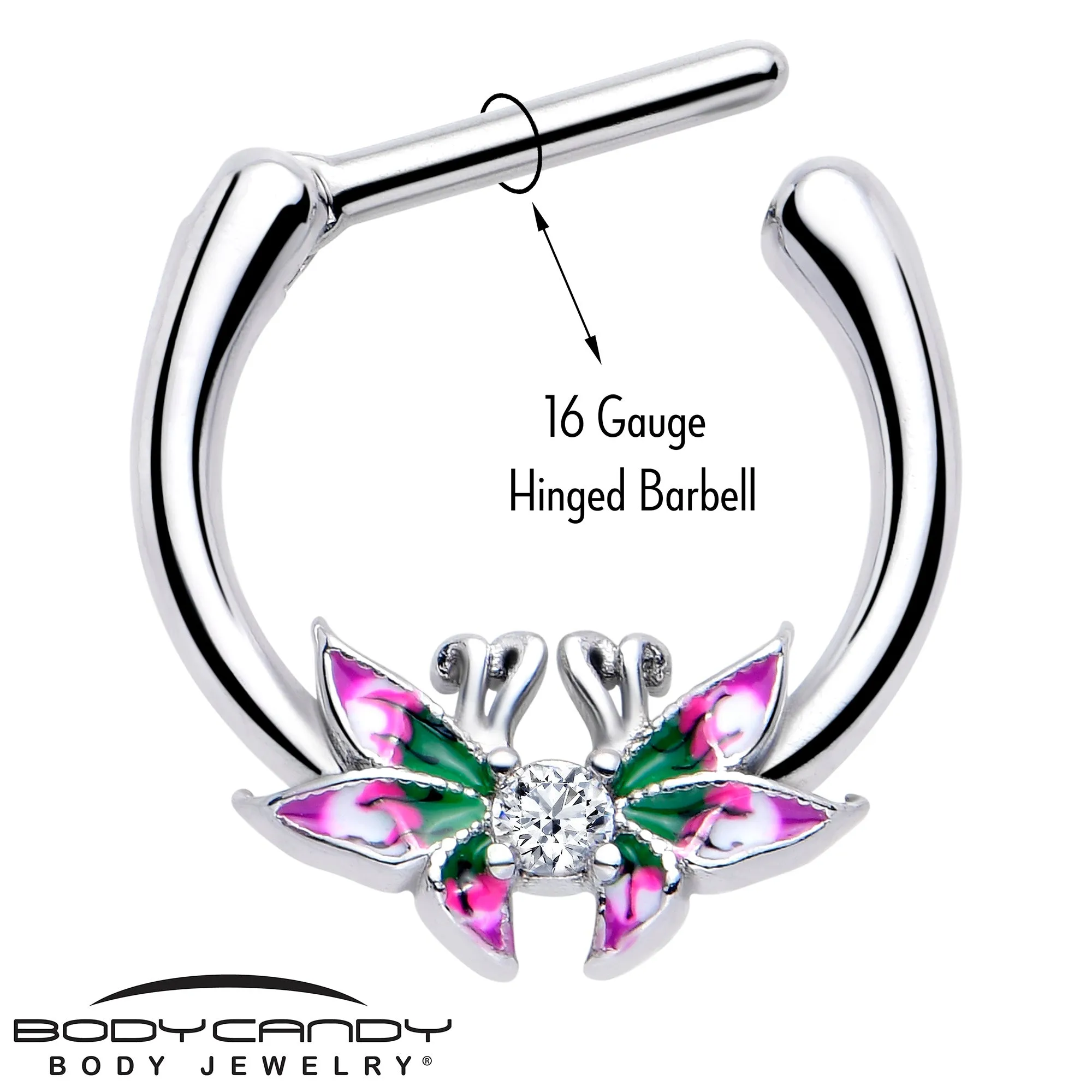 16 Gauge 5/16 Clear CZ Gem Profile Butterflies Cartilage Clicker