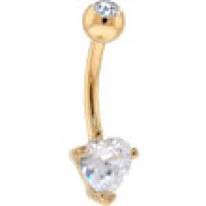 16 Gauge Solid 14KT Yellow Gold Cubic Zirconia Heart Belly Ring