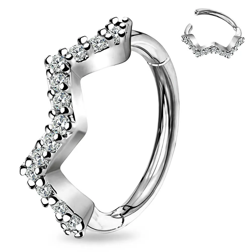 16G Clear CZ Paved Wave Hinged Clicker Hoop