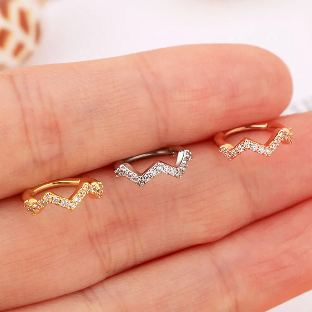 16G Clear CZ Paved Wave Hinged Clicker Hoop