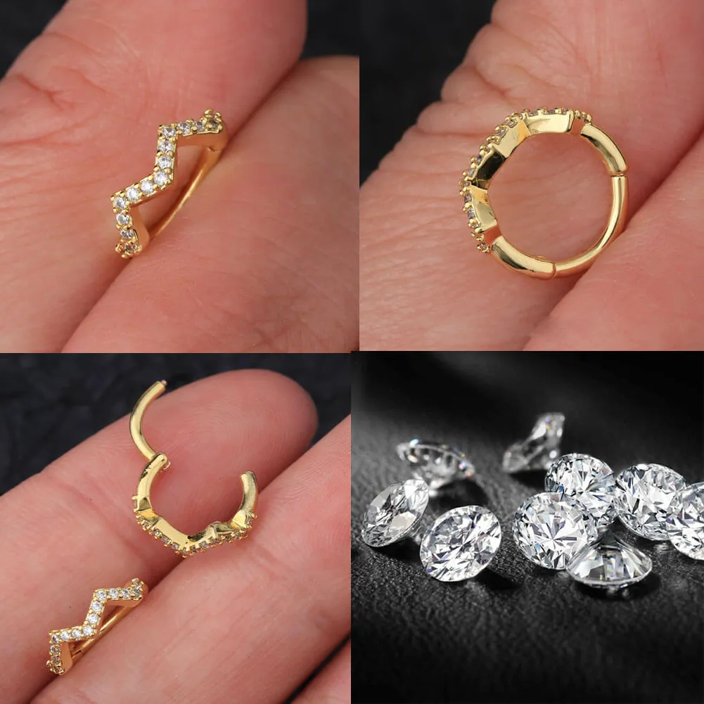 16G Clear CZ Paved Wave Hinged Clicker Hoop