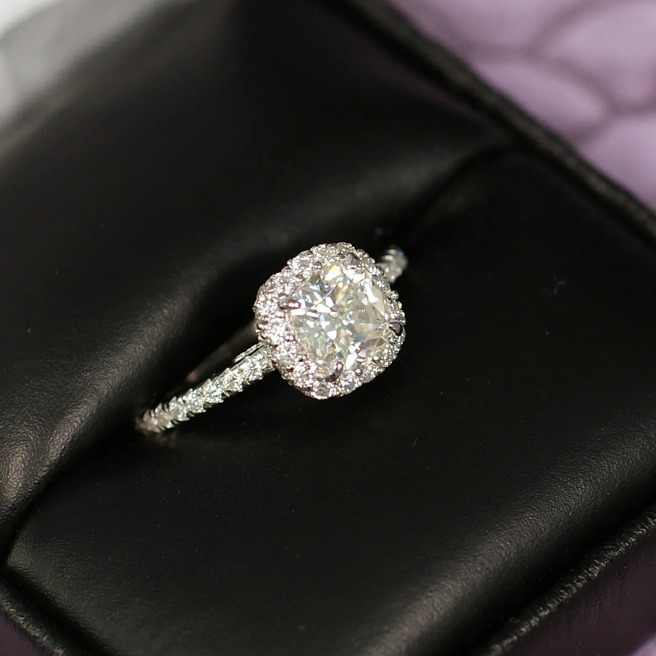 1.8 CTW Moissanite Cushion Cut Halo Engagement Ring