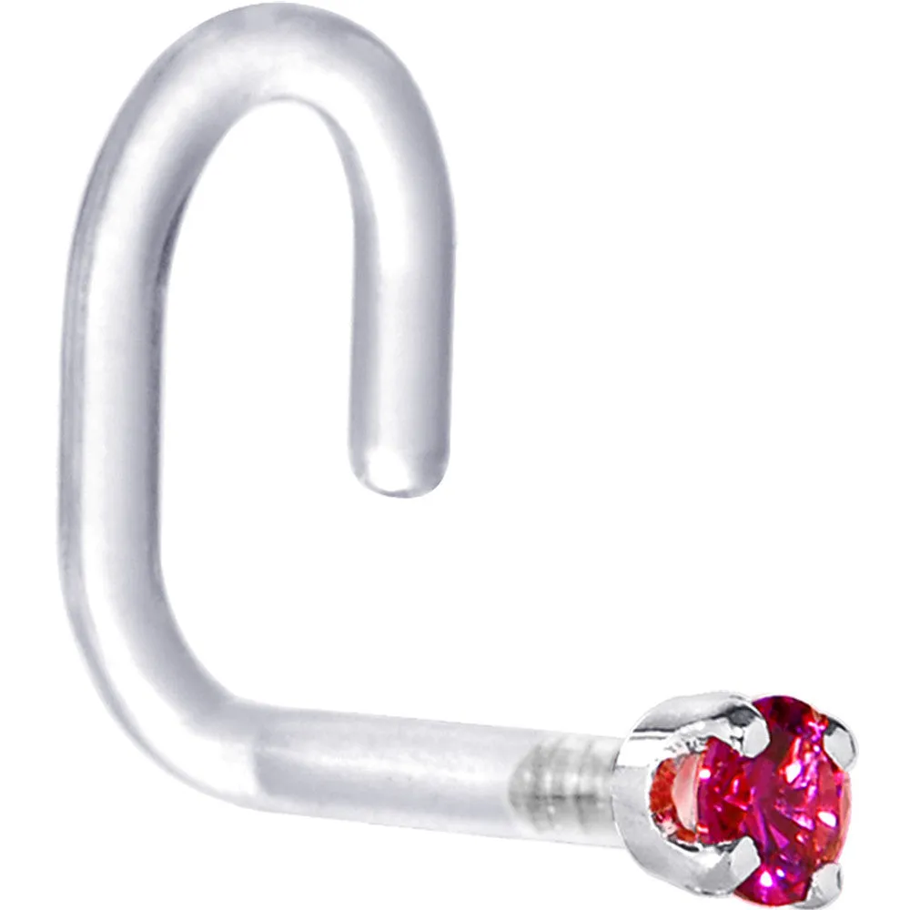18 Gauge 1/4 White Gold 1.5mm Red Cubic Zirconia Bioplast Nose Ring