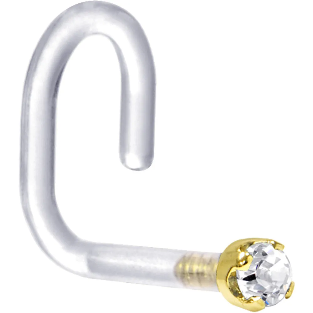 18 Gauge 1/4 Yellow Gold 1.5mm Clear Cubic Zirconia Bioplast Nose Ring